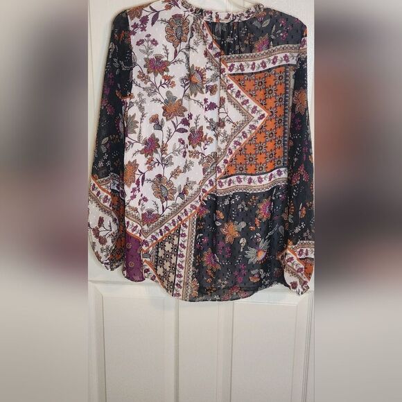 Calvin Klein M White Green Orange Lined Ruffles Neck Lngslv Women’s Top Blouse - Picture 7 of 8